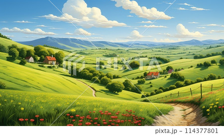 Rolling countryside hills watercolor illustration - Generative AI. Green, hills, houses, mountain. 114377801