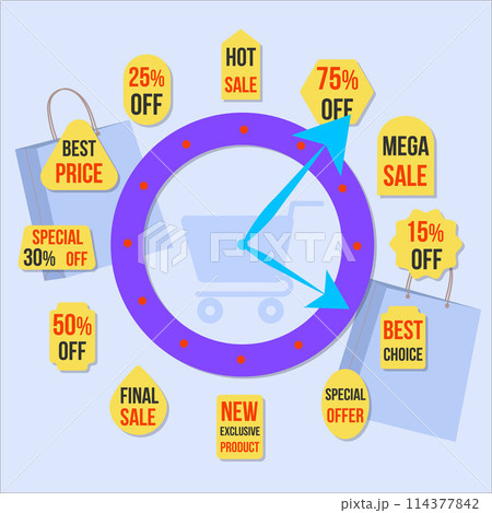 Vector Business Concept Clock shows on discounts and sale A set of discount labels 114377842