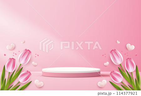 Display podium for Mother's day, Valentine's Day with heart and flower. minimal pink background. product display presentation. studio room concept, minimal wall scene. vector design. Display podium for Mother's day, Valentine's Day with heart and flower. minimal pink background. product display presentation. studio room concept, minimal wall scene. vector design. 114377921