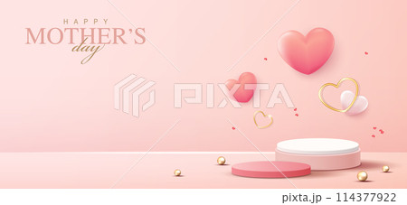 Display podium for Mother's day and Valentine's Day with heart. minimal pink background. product display presentation. studio room concept, minimal wall scene. vector design. 114377922