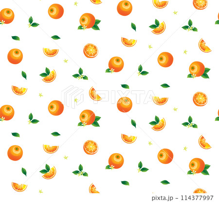 Orange with flowers and leaves seamless background pattern. Vector illustration 114377997