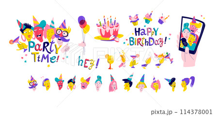 Birthday Party Background set with Fun colorful Characters 114378001