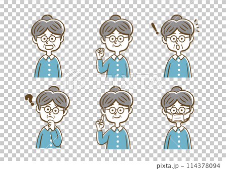 Senior woman facial expression set (line drawing) 114378094