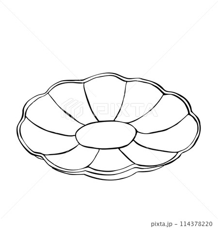 Line tea saucer in Victorian style, vector illustration. Hand drawn contour sketch on isolated background. Linear Line tea saucer in Victorian style, vector illustration. Hand drawn contour sketch on isolated background. Linear 114378220
