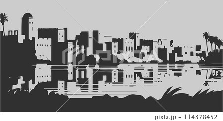 A city skyline with tall buildings and a church. Monochrome isolated vector cityscape A city skyline with tall buildings and a church. Monochrome isolated vector cityscape 114378452