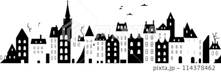 A city skyline with tall buildings and a church. Monochrome isolated vector cityscape A city skyline with tall buildings and a church. Monochrome isolated vector cityscape 114378462