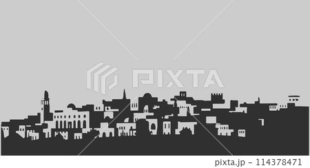 A city skyline with tall buildings and a church. Monochrome isolated vector cityscape 114378471