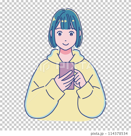 Anime-style girl using smartphone, smiling Anime-style girl using smartphone, smiling 114378534