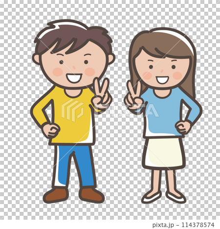 Full-body illustration of a young man and woman making a peace sign 114378574