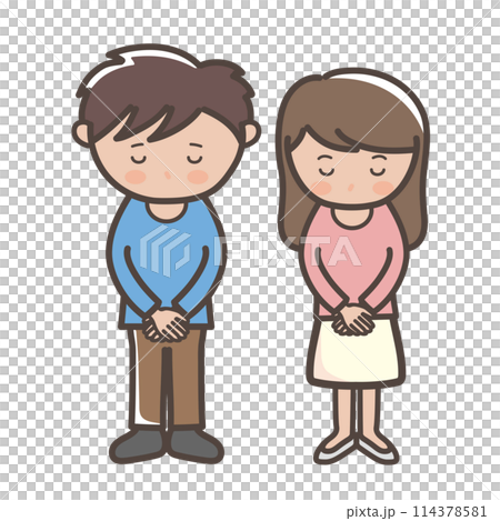 頭を下げて謝る若い男女の全身イラスト 114378581