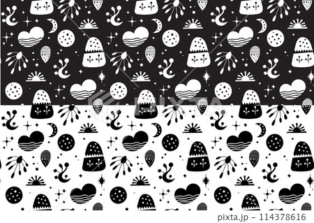 Seamless neo folk art vector pattern with mountains, moon and flowers, black and white floral design. Neo folk style endless background perfect for textile design. Seamless neo folk art vector pattern with mountains, moon and flowers, black and white floral design. Neo folk style endless background perfect for textile design. 114378616