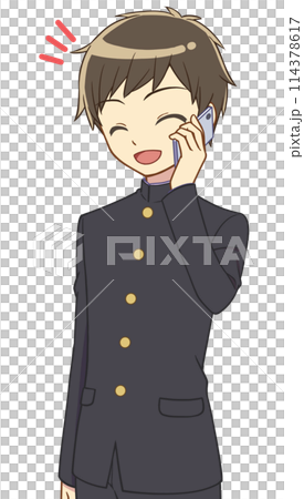 スマホで笑って話す学ランの男の子 スマホで笑って話す学ランの男の子 114378617