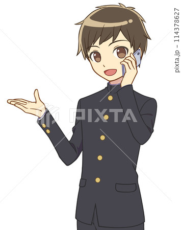 スマホで話しながら案内する学ランの男の子 114378627