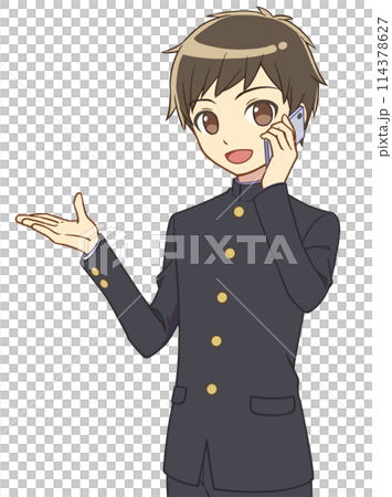 スマホで話しながら案内する学ランの男の子 114378627
