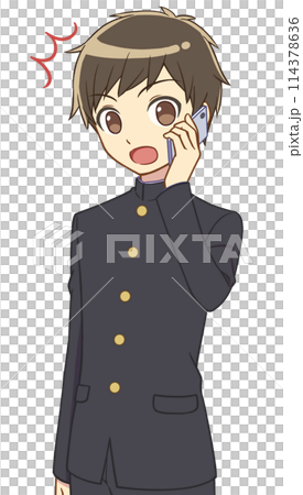 A boy in a school uniform is surprised while talking on a smartphone 114378636