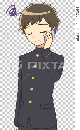 A boy in a school uniform having trouble talking on his smartphone A boy in a school uniform having trouble talking on his smartphone 114378644