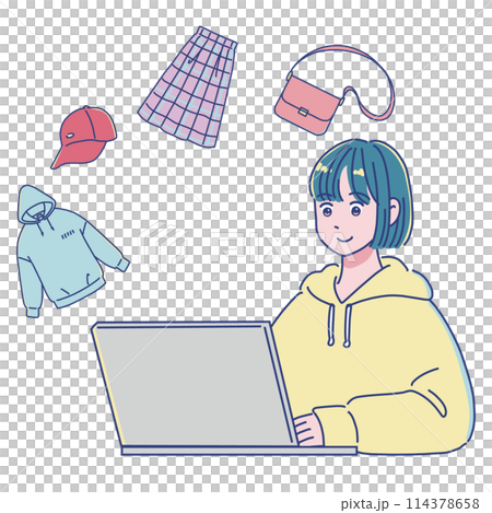 A girl buying and selling clothes on a computer 114378658