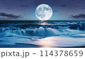 夜空に輝く満月と海に反射する満月の風景画 114378659
