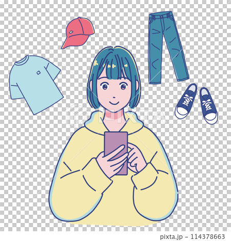 A girl buying and selling clothes with her smartphone A girl buying and selling clothes with her smartphone 114378663