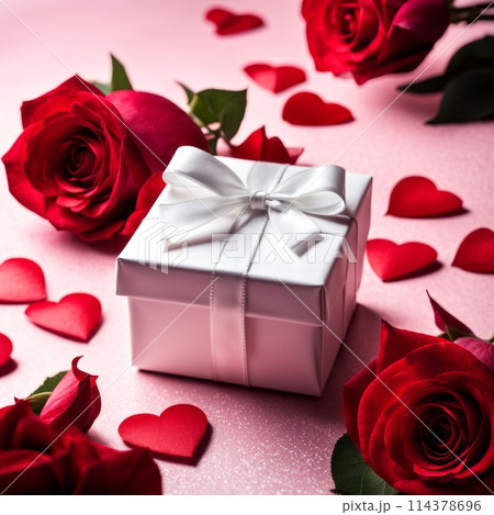 A white gift box with a red bow is framed by red roses and bokeh. Happy Valentine's Day,  114378696