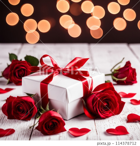 A white gift box with a red bow is framed by red roses and bokeh. Happy Valentine's Day,  114378712