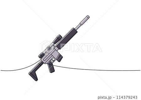 Sniper rifle, tactical assault rifle one line colored continuous drawing. Various modern weapons continuous one line illustration. Vector illustration 114379243
