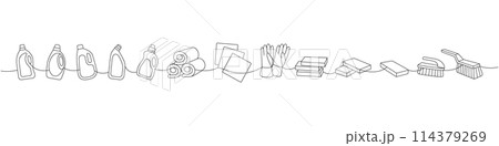 Set of cleaning tools one line. Toilet cleaners, towels, rags, gloves, sponges, washcloths, brushes continuous one line illustration. Set of cleaning tools one line. Toilet cleaners, towels, rags, gloves, sponges, washcloths, brushes continuous one line illustration. 114379269