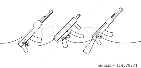 Set of tactical assault rifles one line continuous drawing. Various modern weapons continuous one line illustration. Vector linear illustration. 114379271