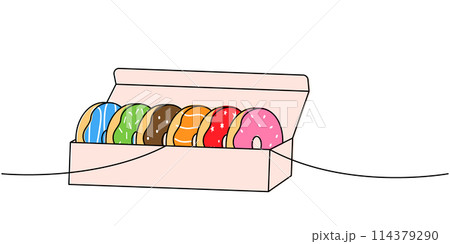 Glazed donuts in carton box one line colored continuous drawing. Bakery sweet pastry food. Vector linear illustration. 114379290