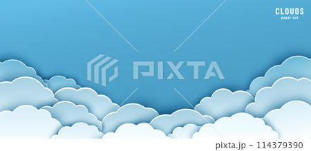 Cloud with blue sky in paper cut style vector illustration. Beautiful fluffy clouds on blue background. Copy space 114379390