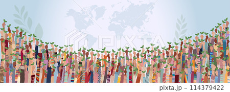 Raised hands of diverse multicultural people holding two green leaves as a symbol of ecology - green and clean environment or green and sustainable energy Raised hands of diverse multicultural people holding two green leaves as a symbol of ecology - green and clean environment or green and sustainable energy 114379422