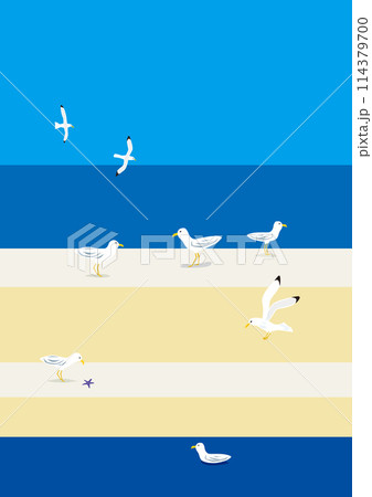 夏の海と水平線、防波堤とカモメのイラスト 114379700