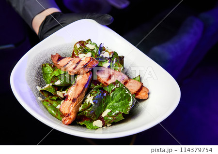 Waiter holding a plate with salad of duck breast and dried cranberry 114379754