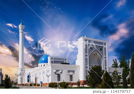 landscape with new modern white Islamic Masjid Minor Mosque in Tashkent in Uzbekistan in summer landscape with new modern white Islamic Masjid Minor Mosque in Tashkent in Uzbekistan in summer 114379757