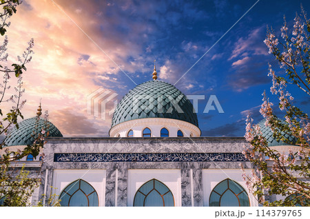 blue dome of Ahror Valiy mosque on background of flowering trees and beautiful sky in spring in Tashkent. Islamic Dzhuma masjid in Uzbekistan 114379765