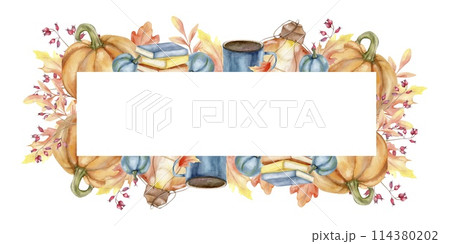 Cozy autumn watercolor frame with pumpkins, books, cup of tea and colorful leaves. Orange vegetables, blue mug. Banner for harvest season invitation, greeting card, fall decor, home decoration Cozy autumn watercolor frame with pumpkins, books, cup of tea and colorful leaves. Orange vegetables, blue mug. Banner for harvest season invitation, greeting card, fall decor, home decoration 114380202