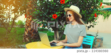 Happy young woman working with laptop in summer park 114380360