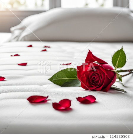 Rose and Petals on white bed in hotel room. Decorative elements for interiors 114380508