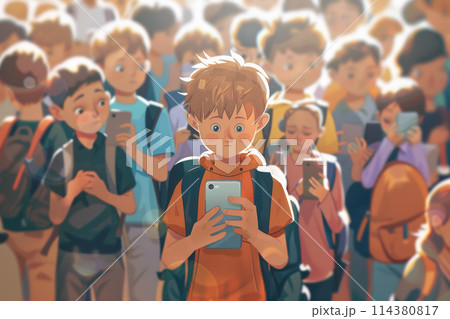 cartoon boy holding smartphone and standing in crowd of children who look at mobile phones. Concept of gadget addiction 114380817