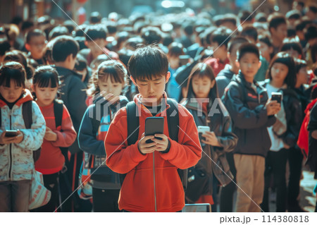 asian boy holding smartphone and standing in crowd of children who look at mobile phones. Concept of gadget addiction 114380818
