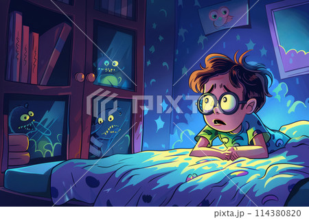 cartoon scared little boy in bed with open eyes because child afraid of the dark at night 114380820