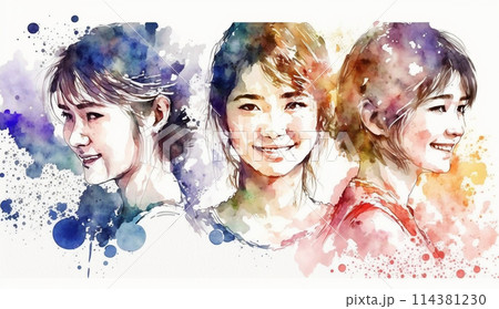 笑顔の若い女性たち：水彩画