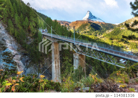 Zermatt, Switzerland. Gornergrat train on bridge 114381316