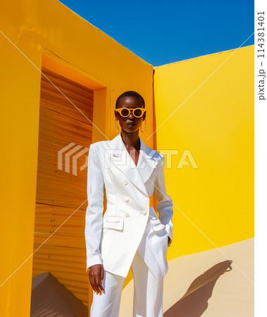 A woman in a white suit and sunglasses poses in front of a yellow wall 114381401