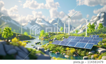 太陽光発電。太陽光パネルのイラスト。エコのイメージ。 114381479