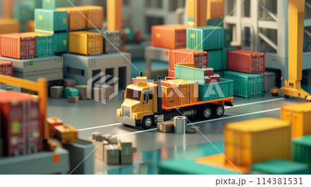 物流のイメージ。荷物を運ぶトラック。コンテナ 物流のイメージ。荷物を運ぶトラック。コンテナ 114381531