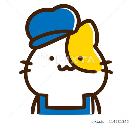 おしゃれな青い帽子を被るかわいいねこのキャラクターのデフォルメイラスト 114381546