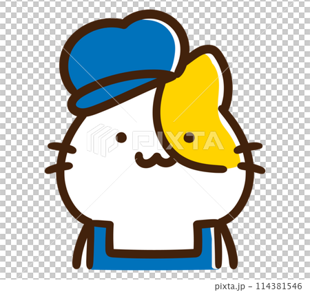 おしゃれな青い帽子を被るかわいいねこのキャラクターのデフォルメイラスト 114381546