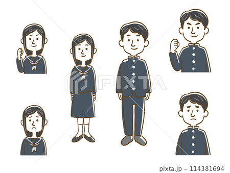 学生服を着た男女生徒セット(線画) 学生服を着た男女生徒セット(線画) 114381694