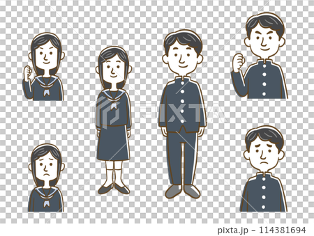 学生服を着た男女生徒セット(線画) 学生服を着た男女生徒セット(線画) 114381694